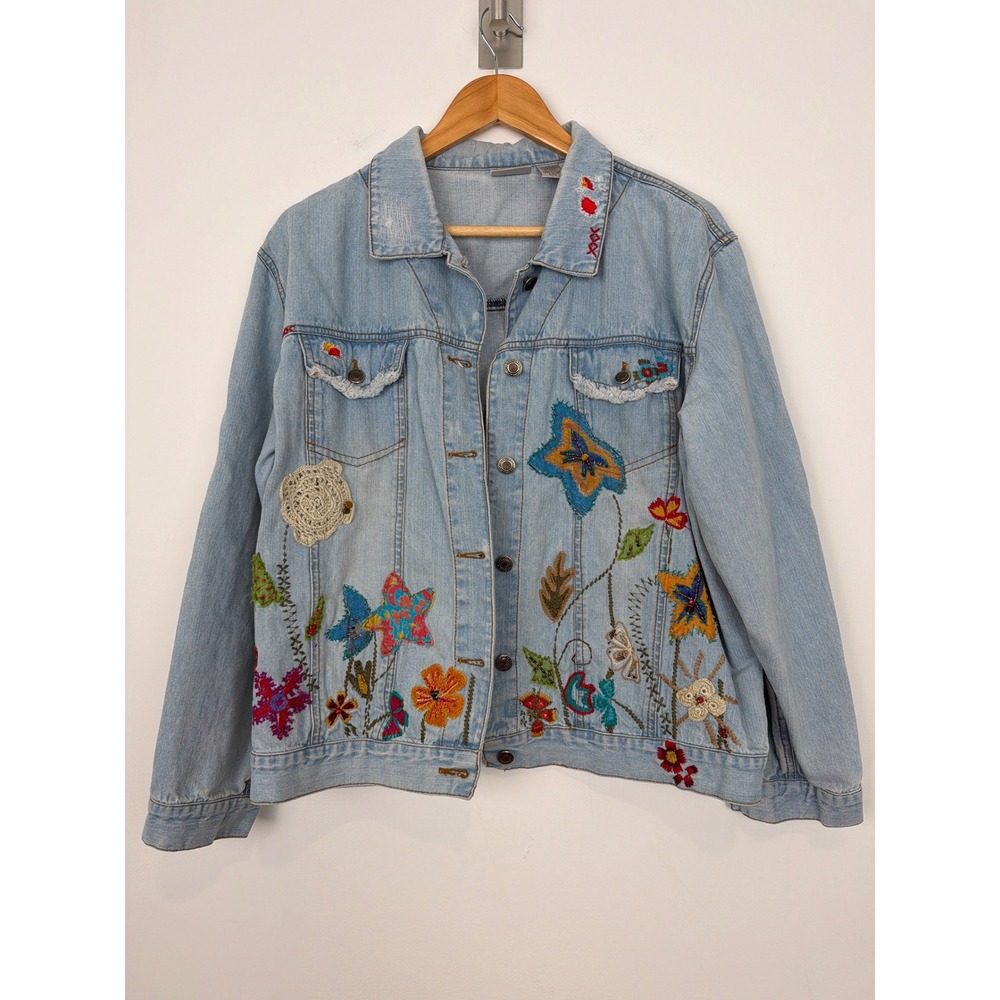 Chico's Vintage Y2K Embroidered Denim Jacket Size 2 /Large Floral Hippie